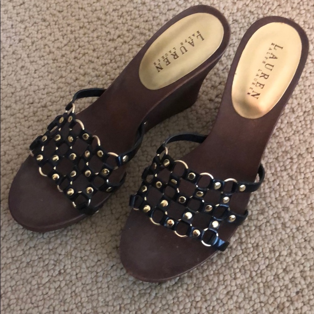 Ralph Lauren, Wooden Heel Slides with Black/Gold